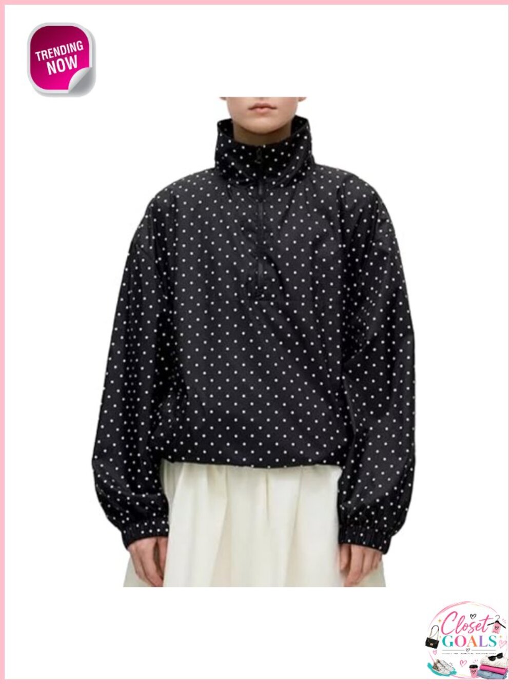 Polka Dot Quarter Zip Cropped Pullover with Pockets Lightweight
